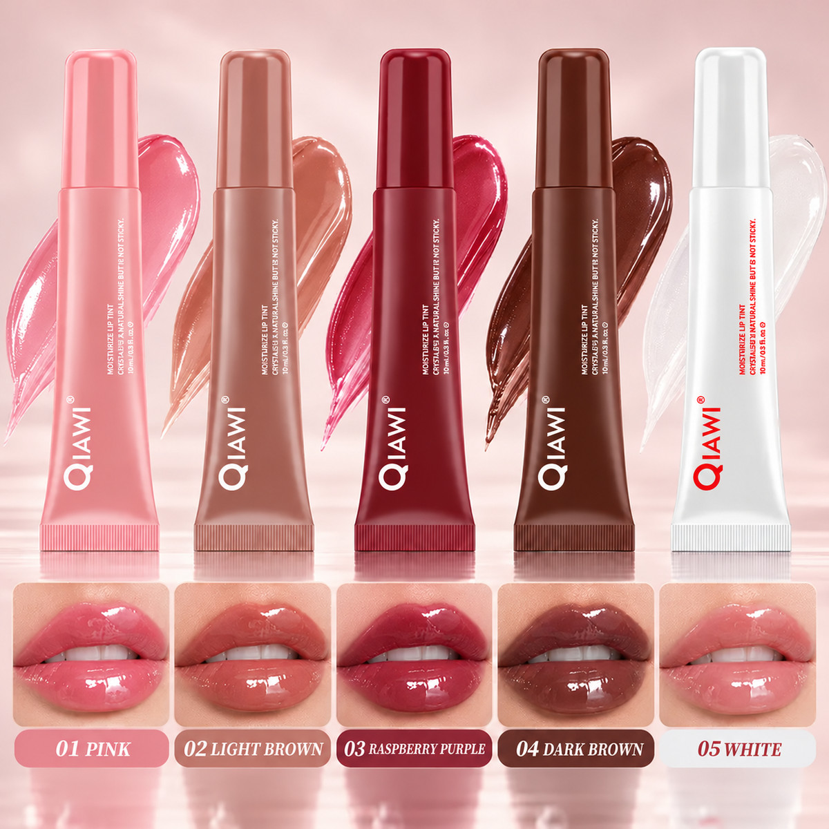 QIAWI five-shade lip tint set with corresponding lip looks