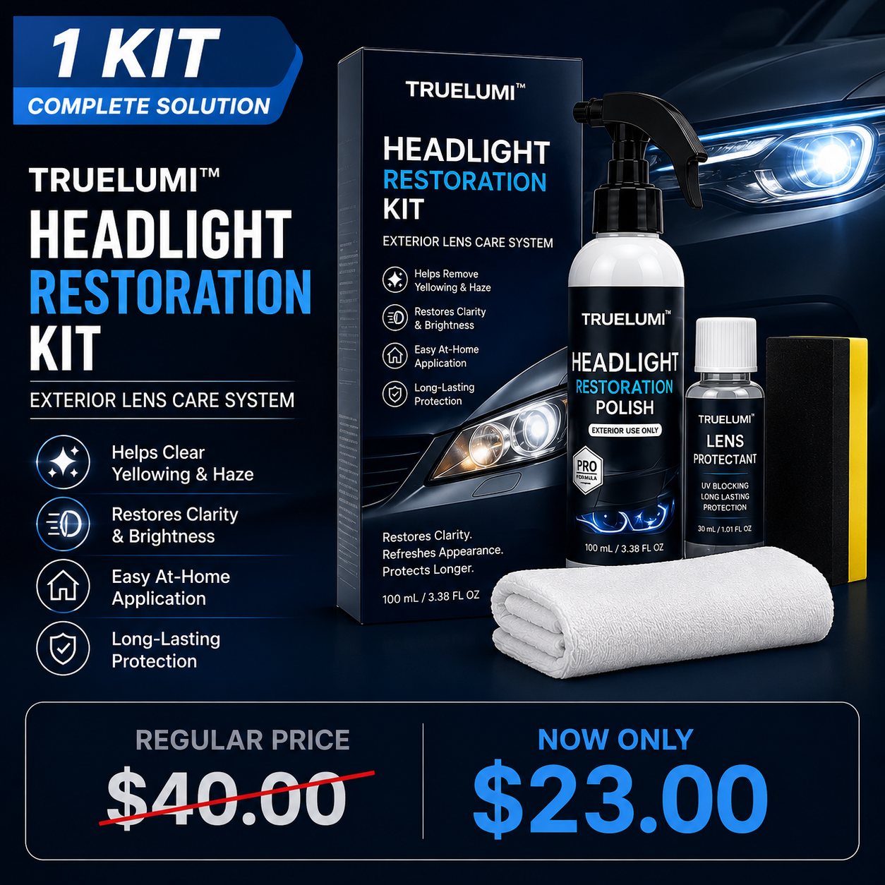 TrueLumi™ Headlight Restoration Kit  Automotive Headlamp Restoration Fluid - Crystal Coating