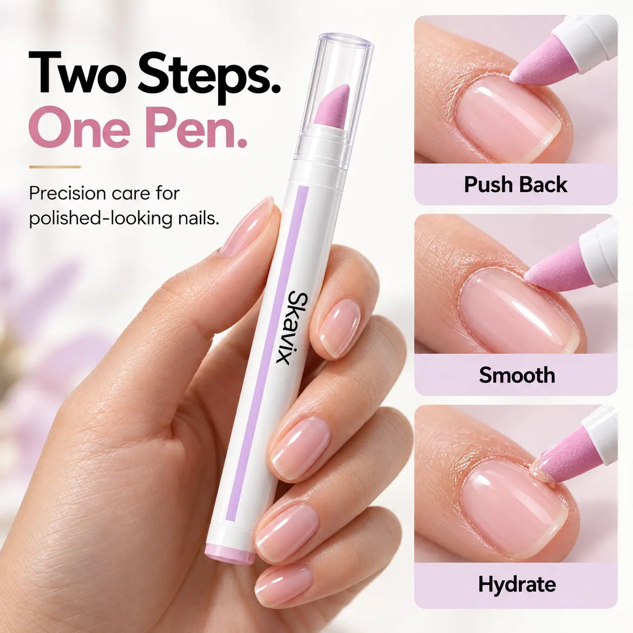 Skavix pen pushing, smoothing and hydrating the cuticle area