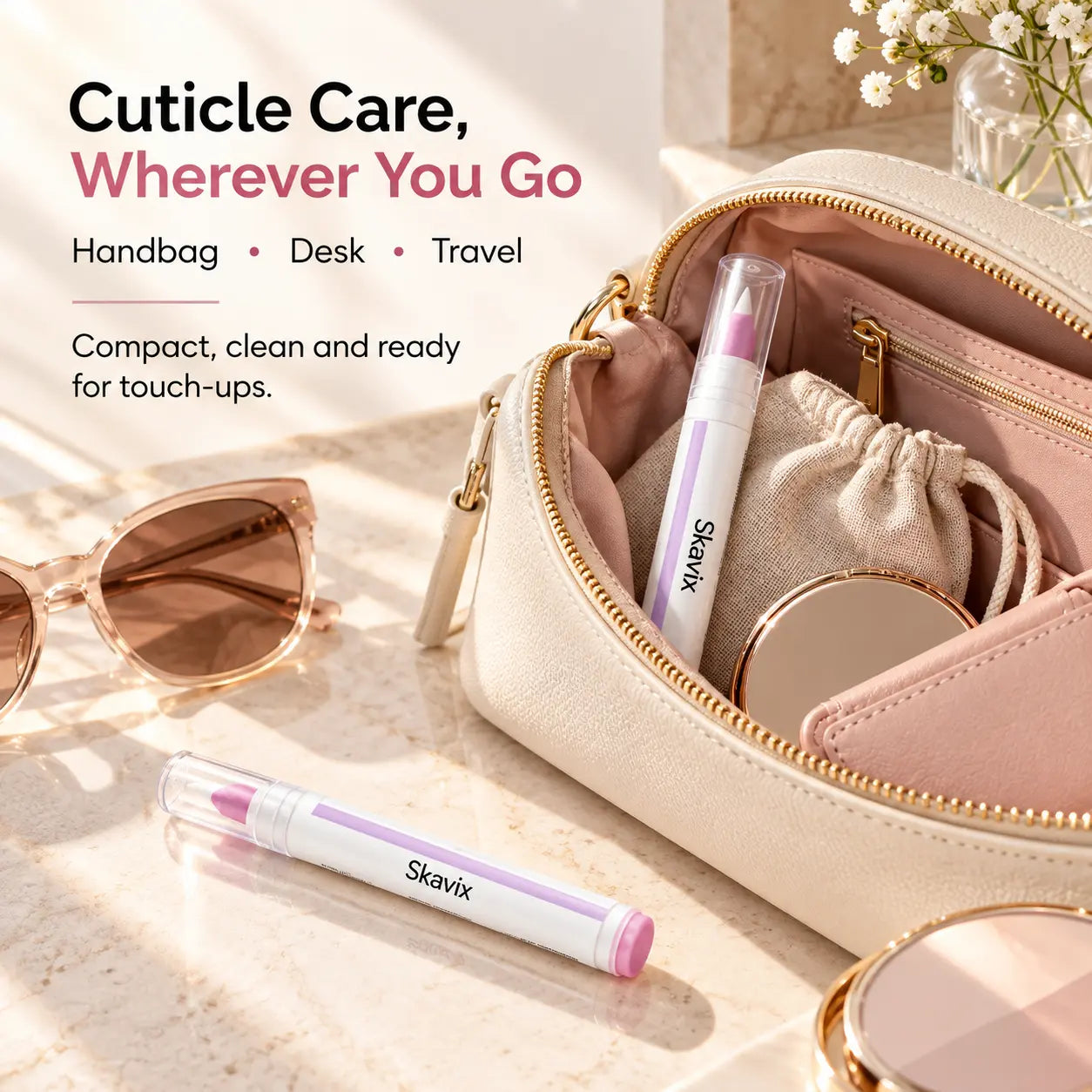 Skavix Cuticle Care Pens inside and beside a travel handbag